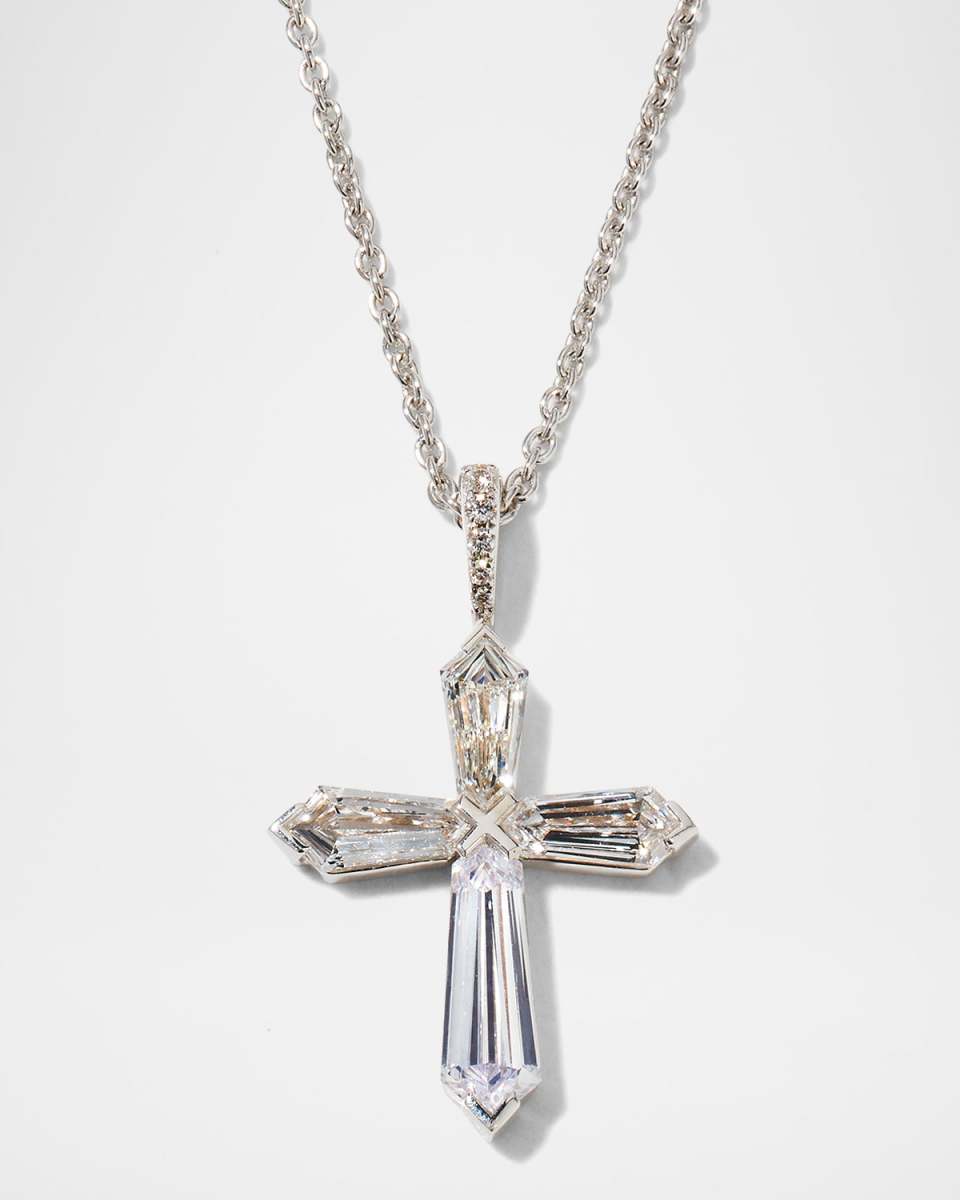Limited Edition 18K White Gold Tie-Cut and Round Diamond Cross Pendant